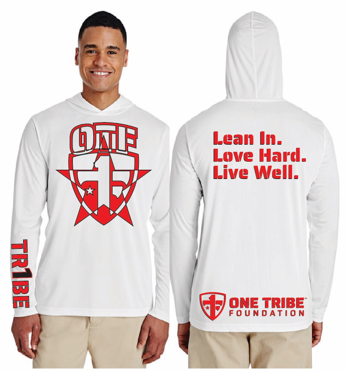 NEW One Tribe Foundation hooded fishing shirt. Lean In. Love Hard. Live Well. 