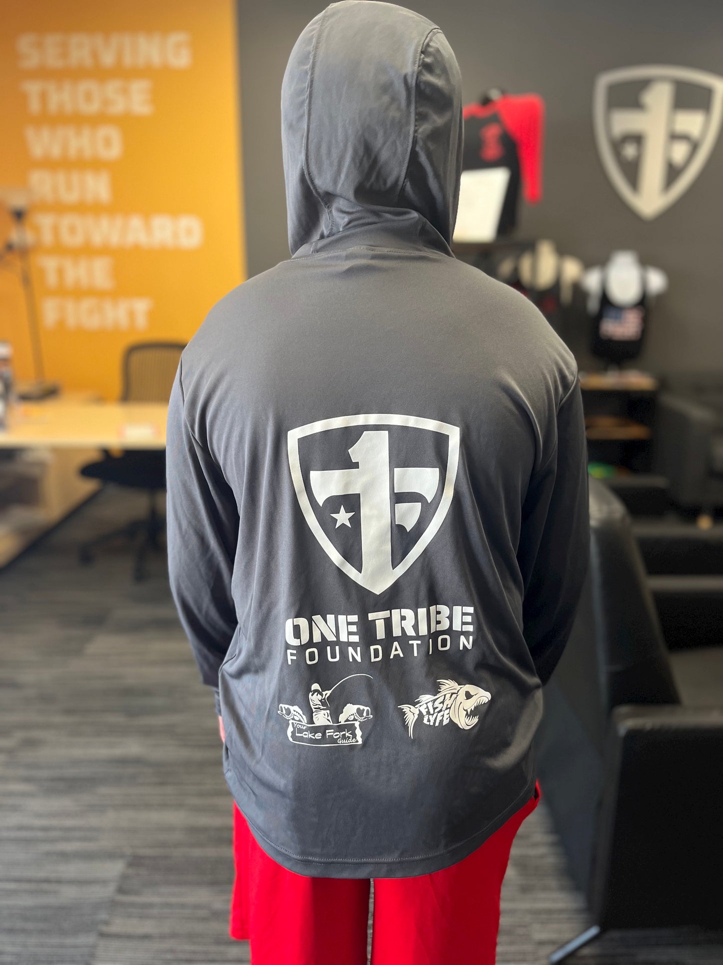 One Tribe Foundation lightweight breathable fishing hoodie. Forever Grateful on sleeve.