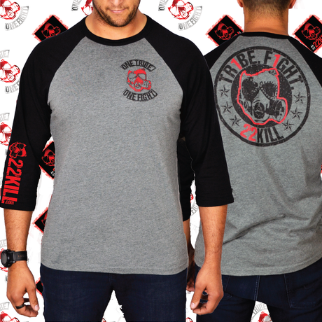 One Tribe One Fight 22KILL baseball tee in black and grey. Shop for a cause! 