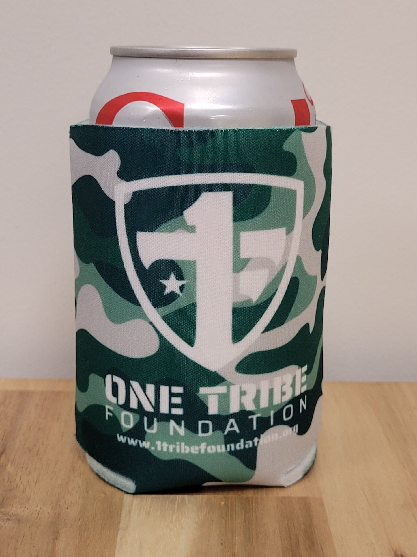 One Tribe Foundation green camo koozie