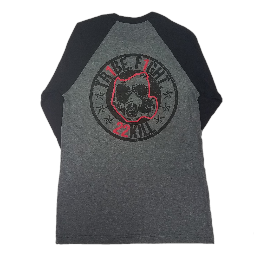 22KILL baseball tee in black and gray. One Tribe. One Fight.