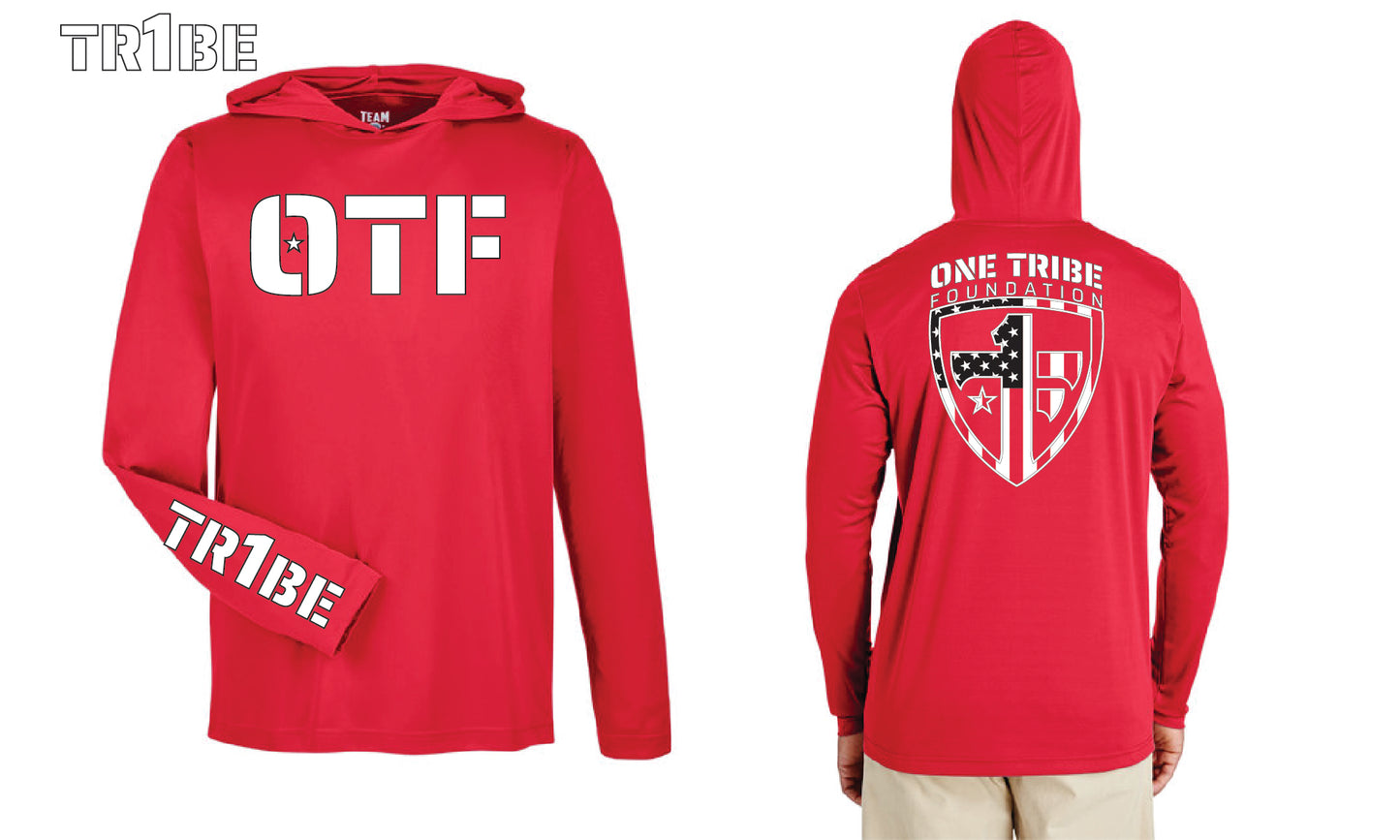 One Tribe Foundation hooded fishing shirt in bright red with OTF on the front and shield logo on back.