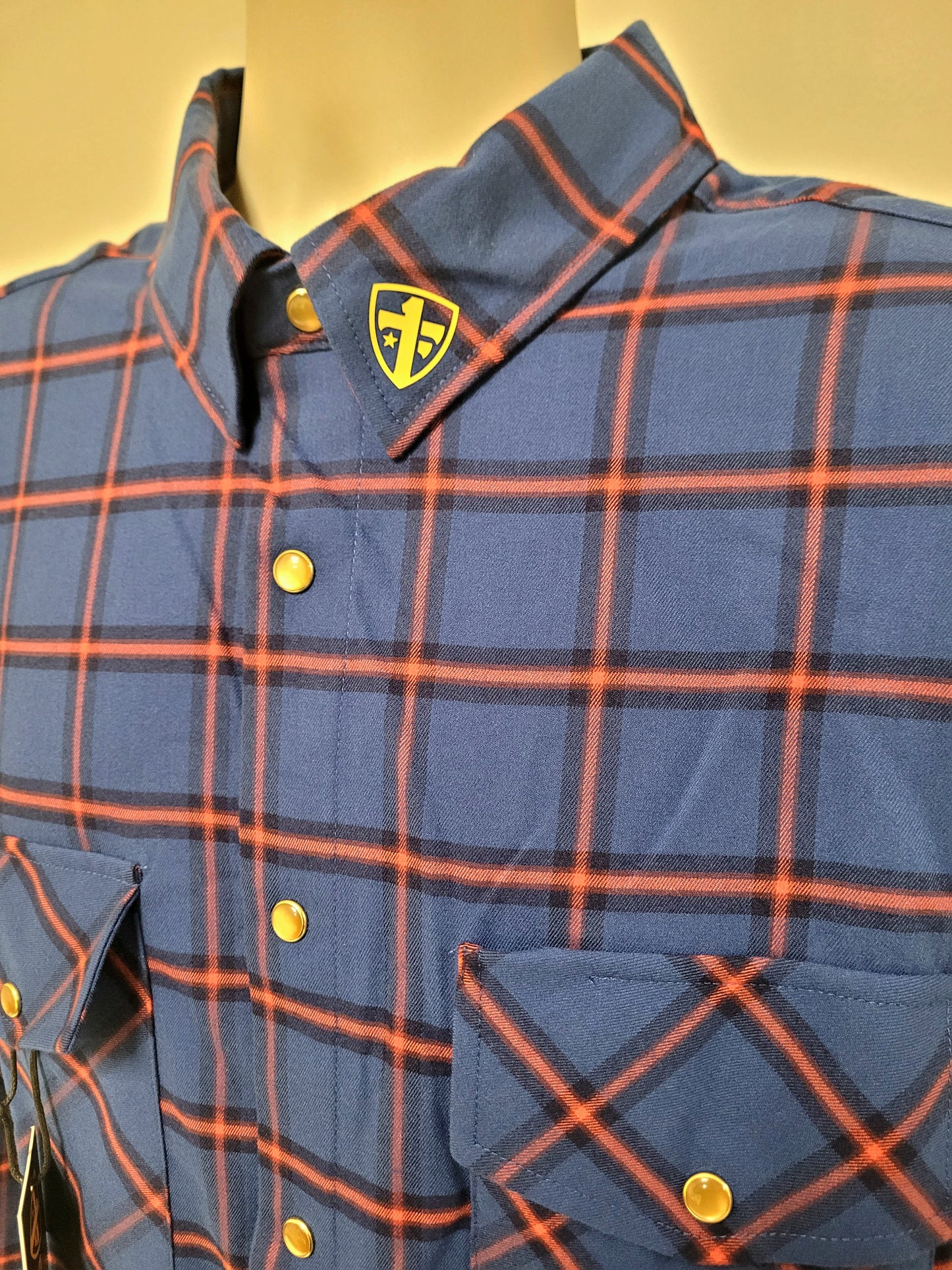 One Tribe Foundation blood stripe flannel shirt. Gold pearl snap, and snap collar.Made by MINT Speed Shop.