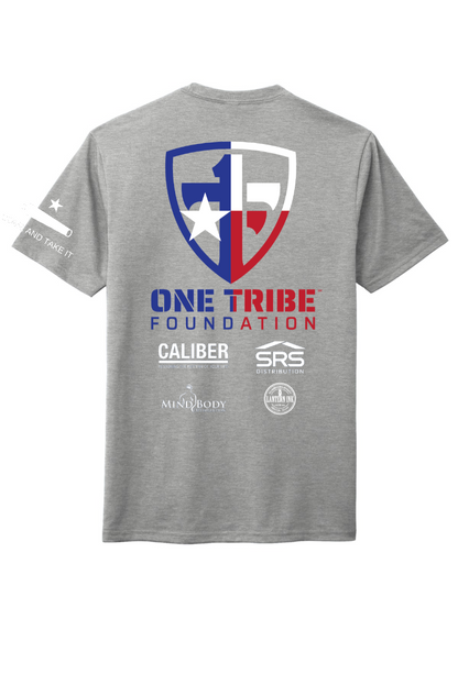 One Tribe Foundation logo, Texas flag and Come and Take It on the sleeve