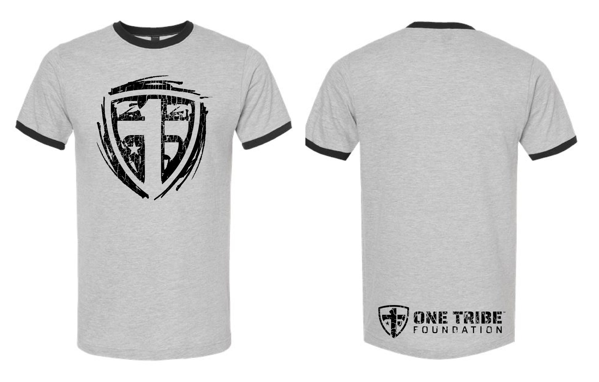 One Tribe Foundation gray and black ringer t-shirt