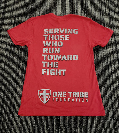 One Tribe Foundation OTF Shield in red. Serving those who run toward the fight. 