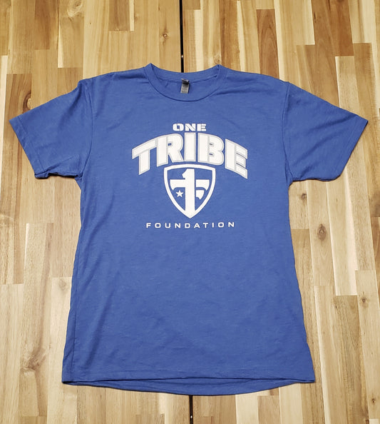 One Tribe Foundation royal blue t-shirt.