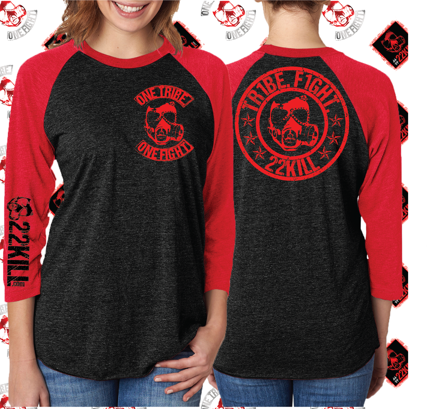 22KILL Baseball tee in black and red. One Tribe. One Fight.