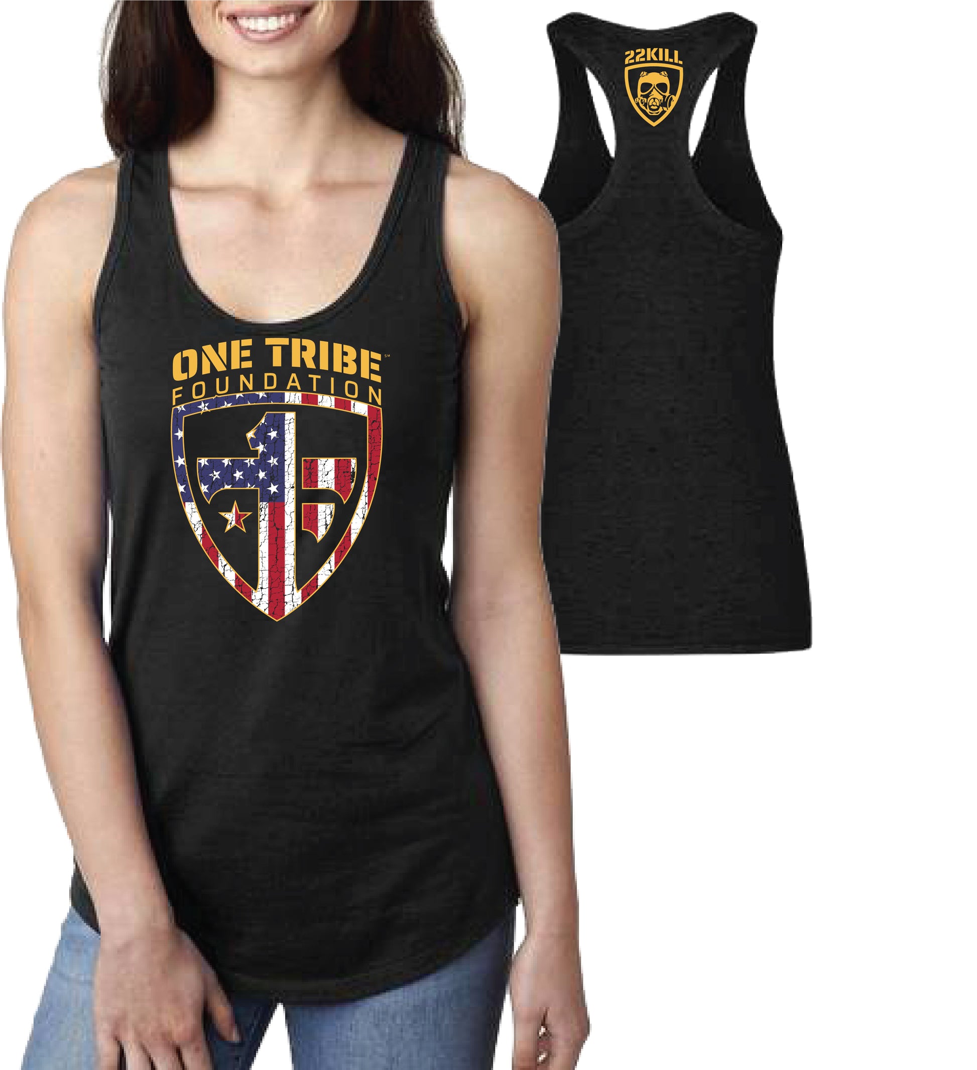 One Tribe Foundation tank with OTF shield on front annd 22KILL logo with gas mask on back. 